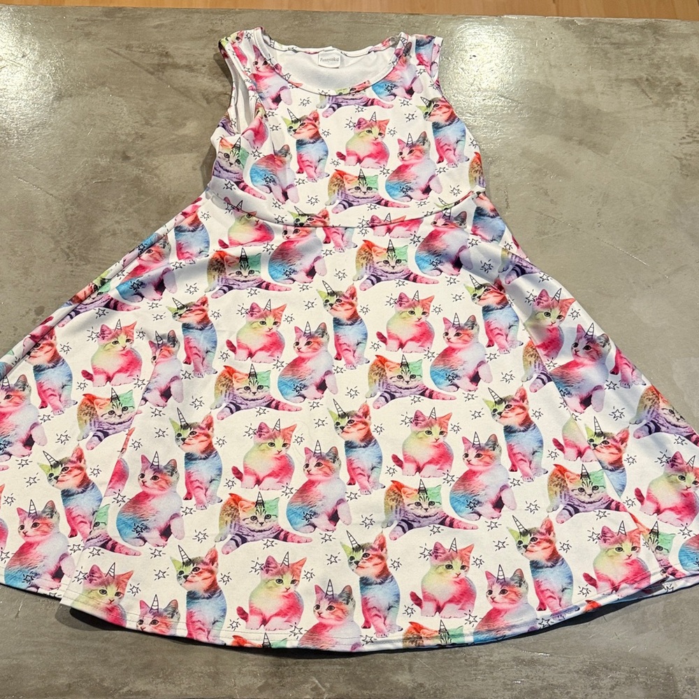 Charming Multicolor Cat Print Kids Dress